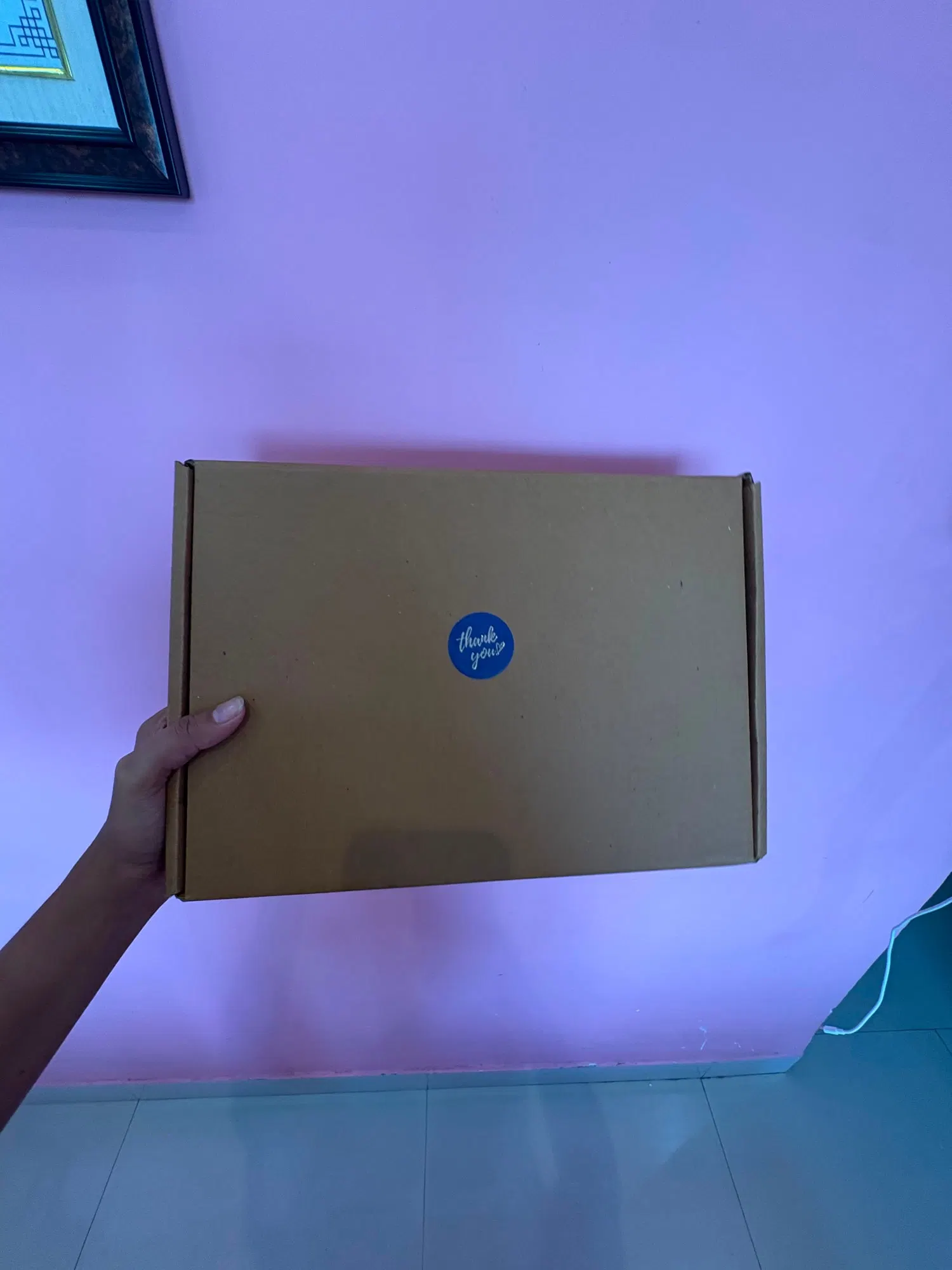 A large kraft shipping box with a navy thank-you sticker, held up against a pink wall