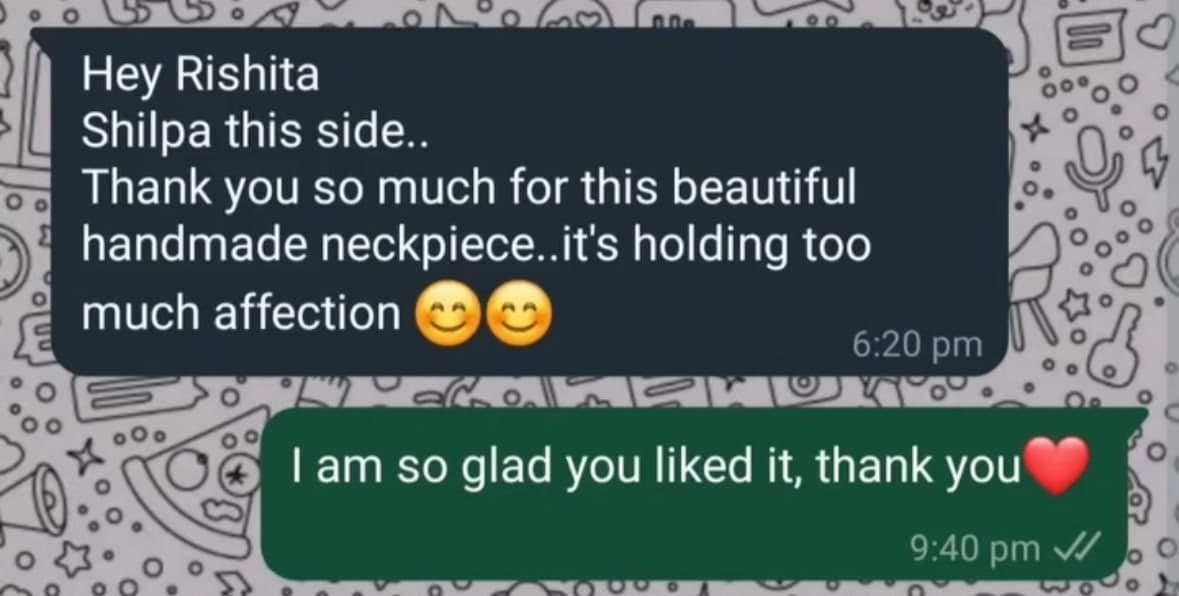 WhatsApp screenshot from a customer named Shilpa thanking The Resalist for a beautiful handmade neckpiece that is 'holding too much affection'